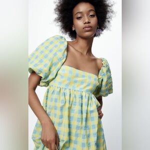 Zara SS22 Long Check Print Dress Panelled Green Yellow Blue